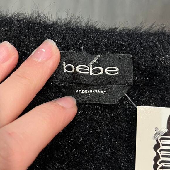 Vintage Y2K Bebe Black Fuzzy Logo Sweater Rhinestone Script - Picture 5 of 5